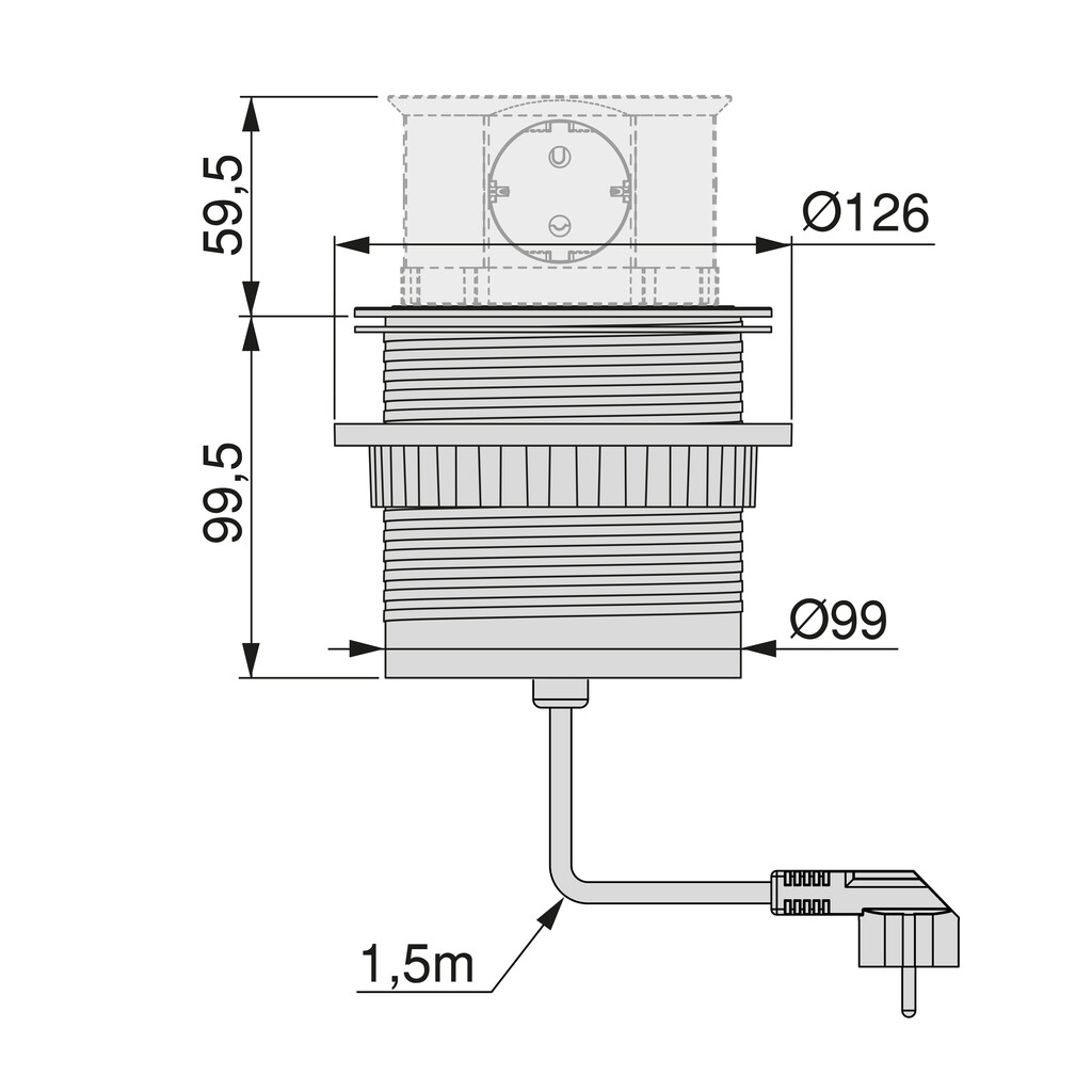 Vertikal Push multi connector diameter 100mm, 3 Schuko type stekkers, 1 USB type A, 1 USB type C, Staal en Kunststof, Zwart-1