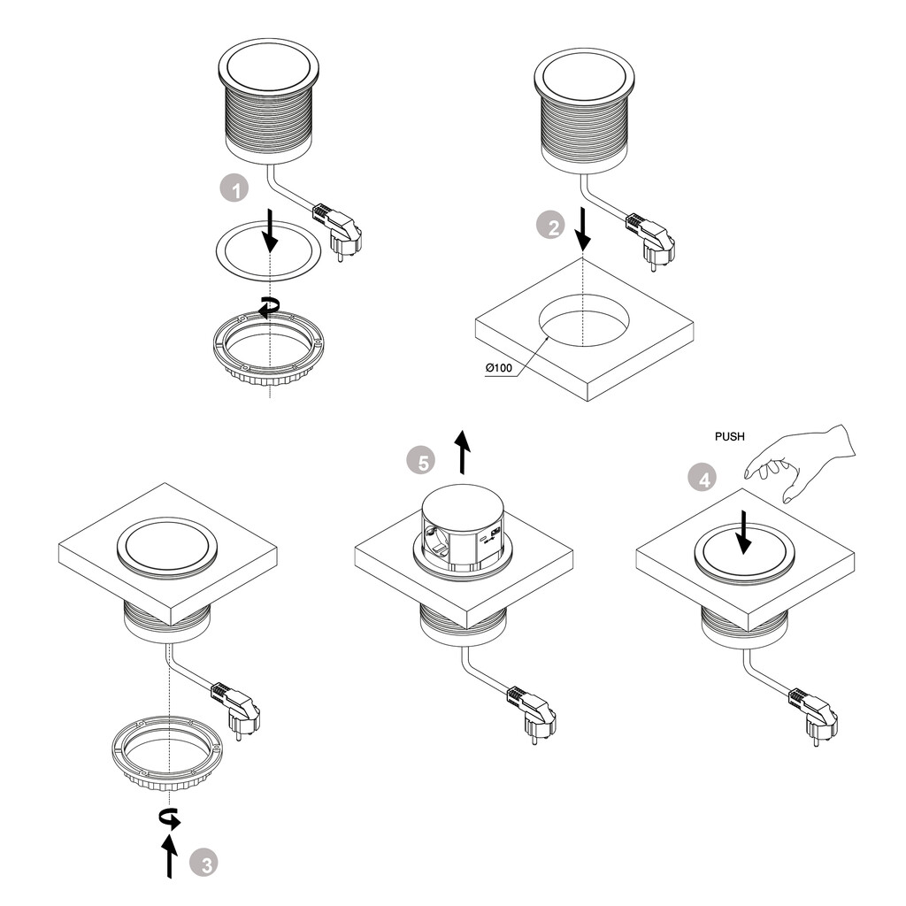 Vertikal Push multi connector diameter 100mm, 3 Schuko type stekkers, 1 USB type A, 1 USB type C, Staal en Kunststof, Zwart-3