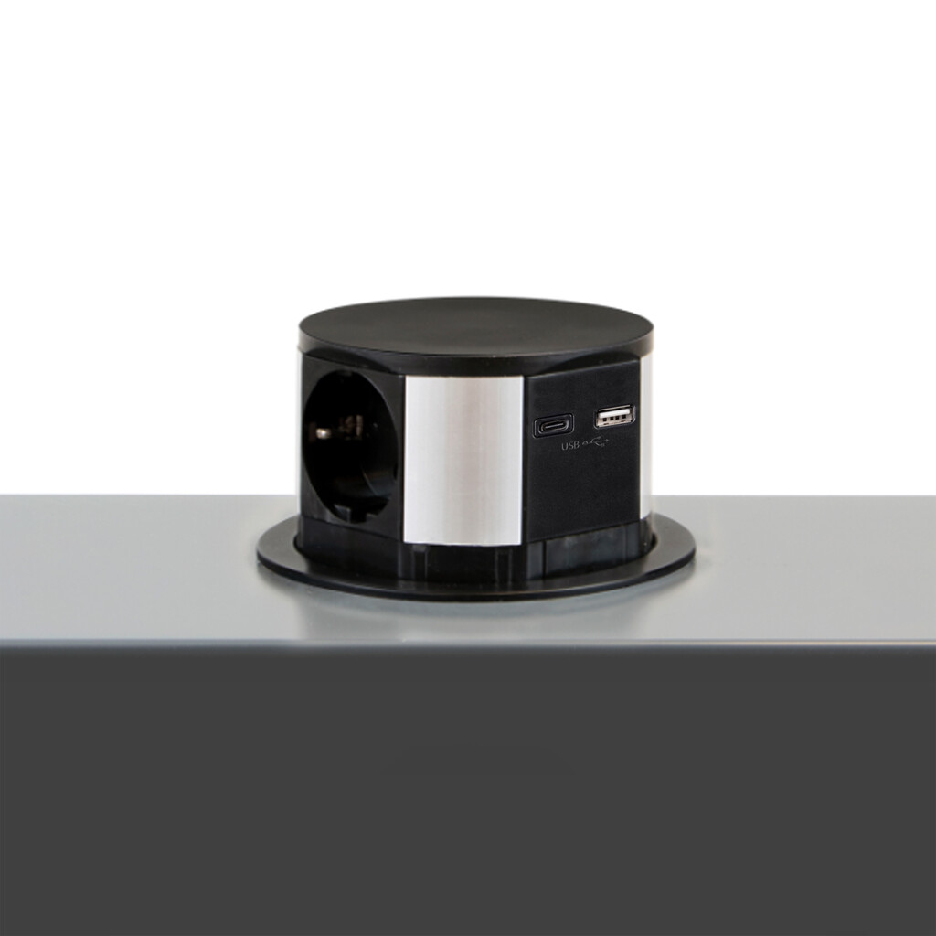 Vertikal Push multi connector diameter 100mm, 3 Schuko type stekkers, 1 USB type A, 1 USB type C, Staal en Kunststof, Zwart-4