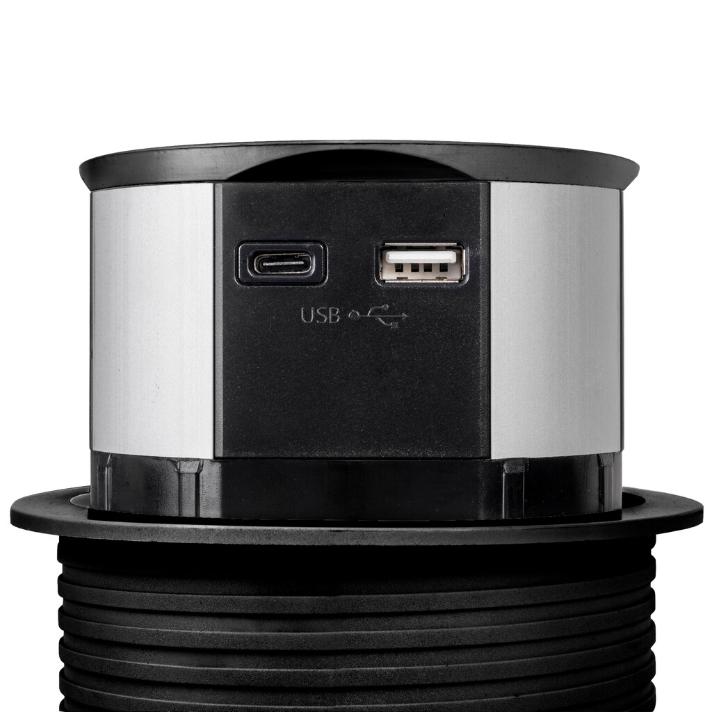 Vertikal Push multi connector diameter 100mm, 3 Schuko type stekkers, 1 USB type A, 1 USB type C, Staal en Kunststof, Zwart-5