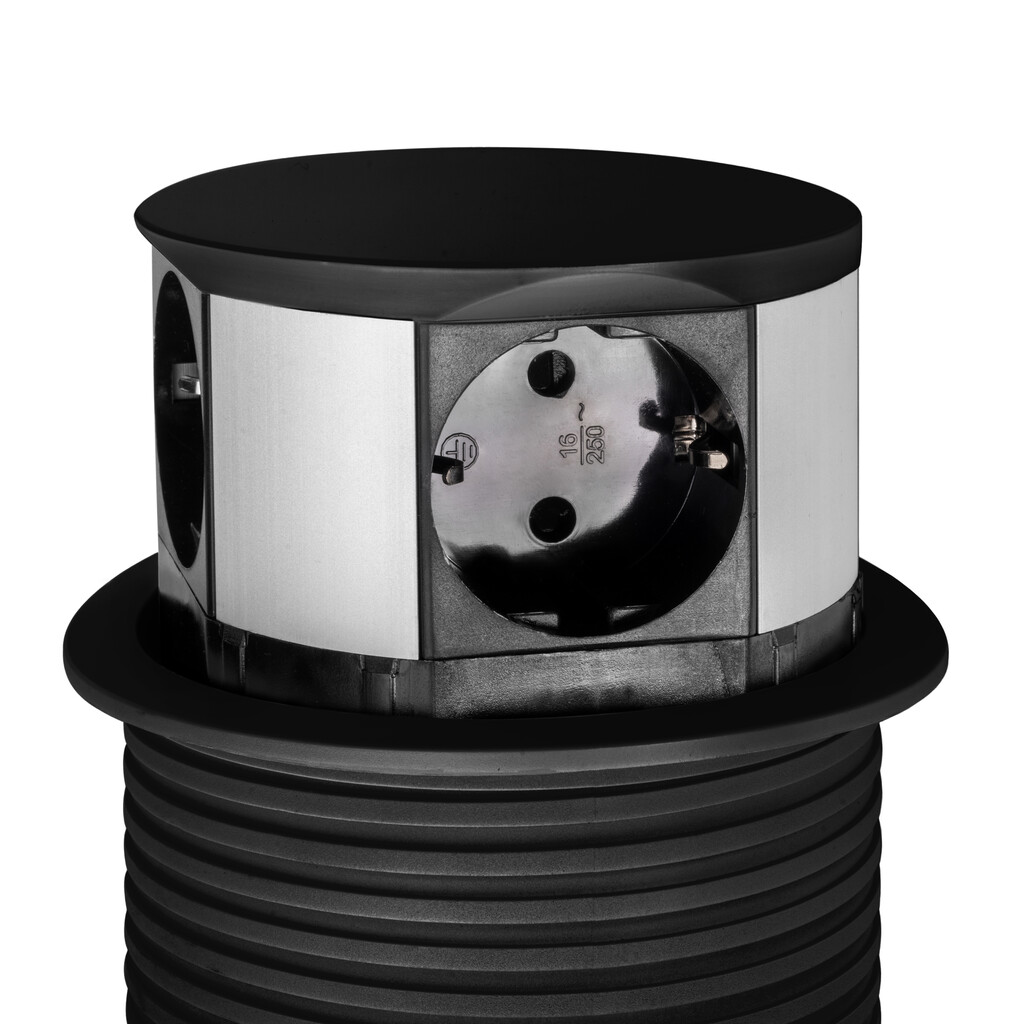 Vertikal Push multi connector diameter 100mm, 3 Schuko type stekkers, 1 USB type A, 1 USB type C, Staal en Kunststof, Zwart-6