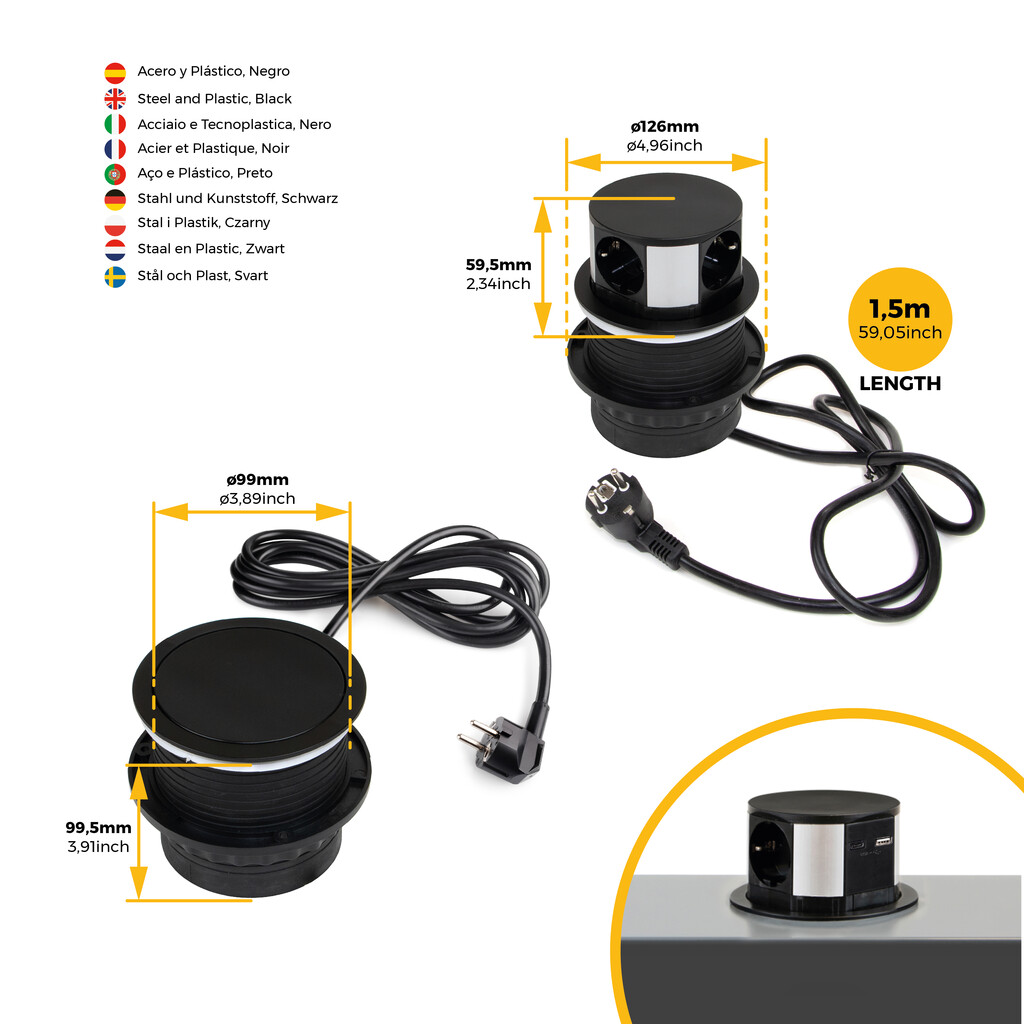Multiconector extraíble Vertikal Push diámetro 100mm, 3 enchufes tipo Schuko, 1 USB tipo A, 1 USB tipo C, Acero y Plástico, Pintado negro-8