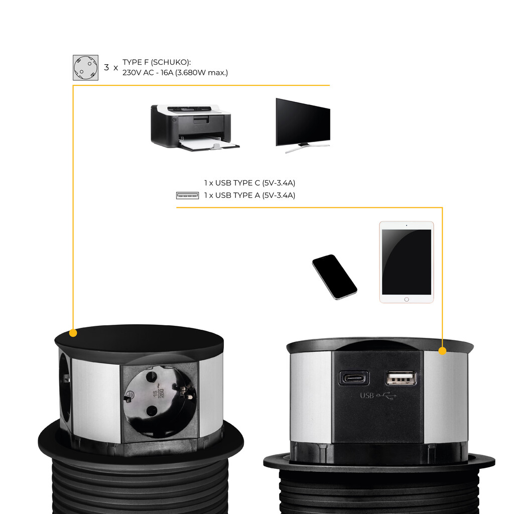Multiconector extraíble Vertikal Push diámetro 100mm, 3 enchufes tipo Schuko, 1 USB tipo A, 1 USB tipo C, Acero y Plástico, Pintado negro-9