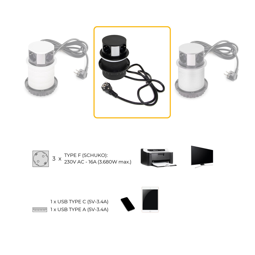 Multiconector extraíble Vertikal Push diámetro 100mm, 3 enchufes tipo Schuko, 1 USB tipo A, 1 USB tipo C, Acero y Plástico, Pintado negro-11