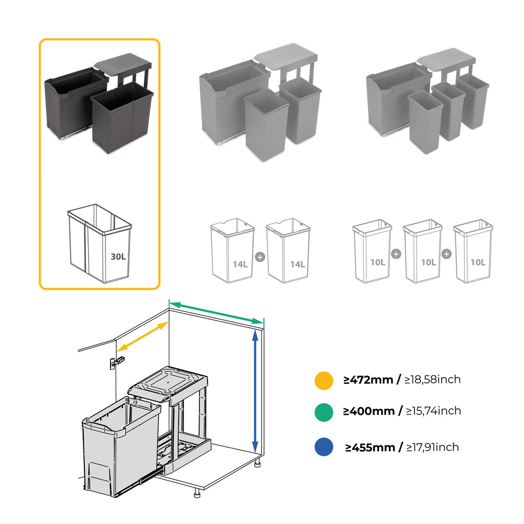 Afvalbakken voor recycling voor keuken, 1 x 30L, bevestiging aan onderzijde, automatische uittrekken, Staal en Plastic, Antracietgrijs-13