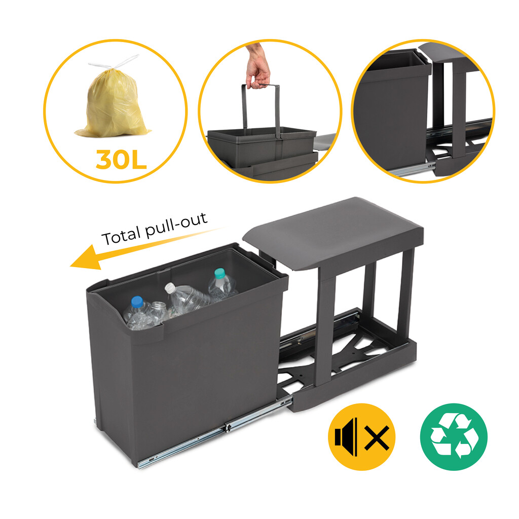Afvalbakken voor recycling voor keuken, 1 x 30L, bevestiging aan onderzijde, automatische uittrekken, Staal en Plastic, Antracietgrijs-15