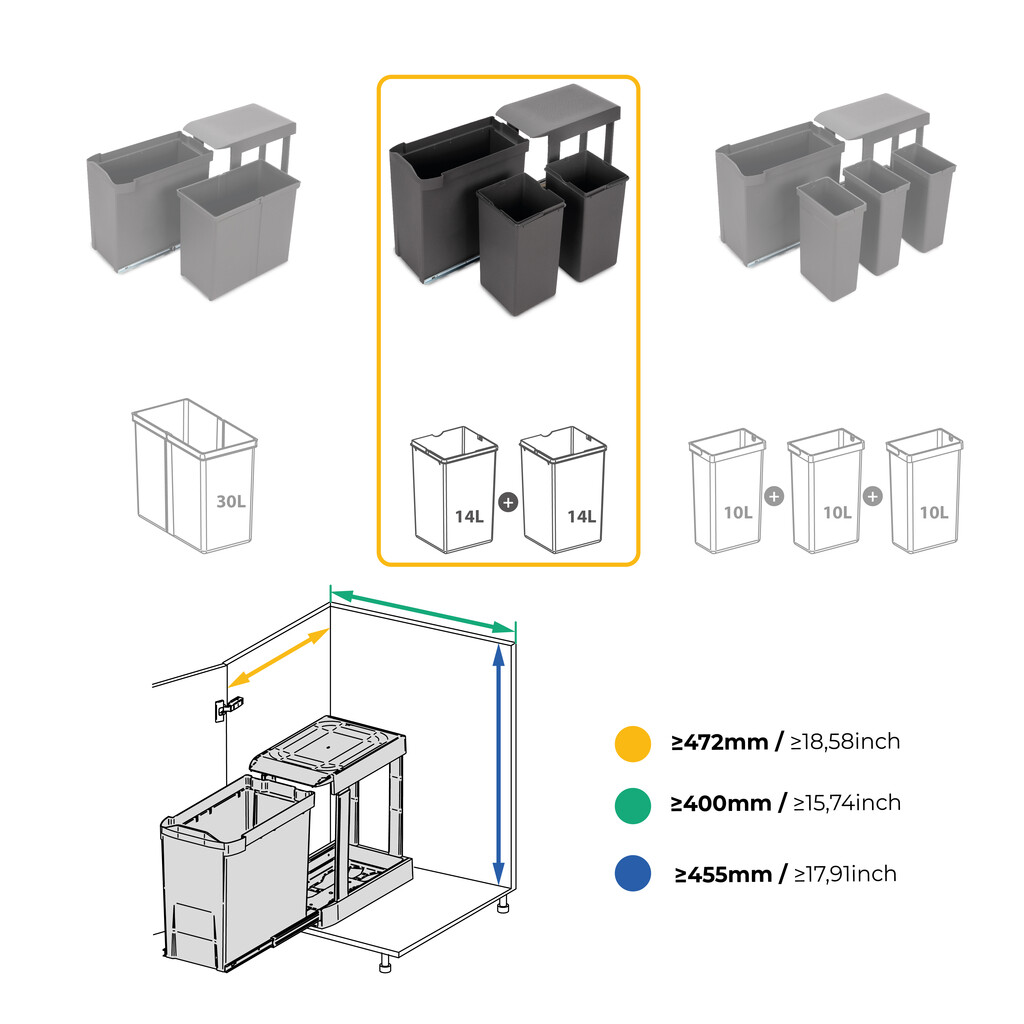 Recycling bins for kitchen, 2 x 14L, lower fixing and automatic removal, Steel and Plastic, Anthracite grey-12