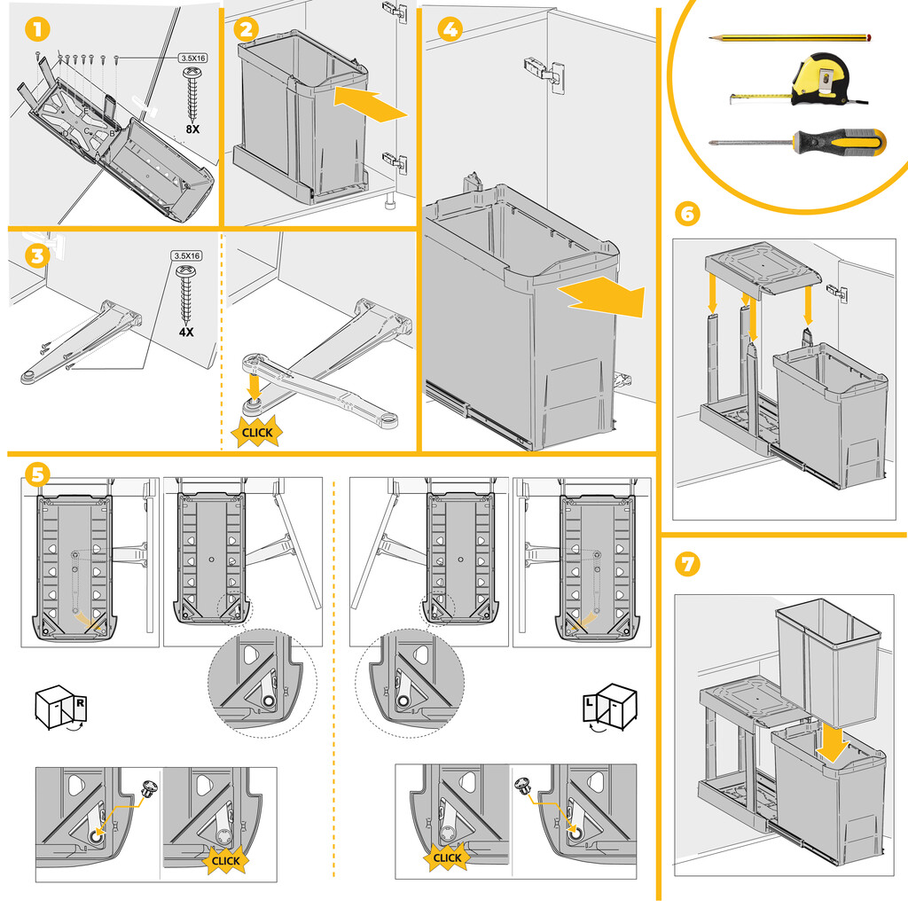 Recycling bins for kitchen, 2 x 14L, lower fixing and automatic removal, Steel and Plastic, Anthracite grey-13