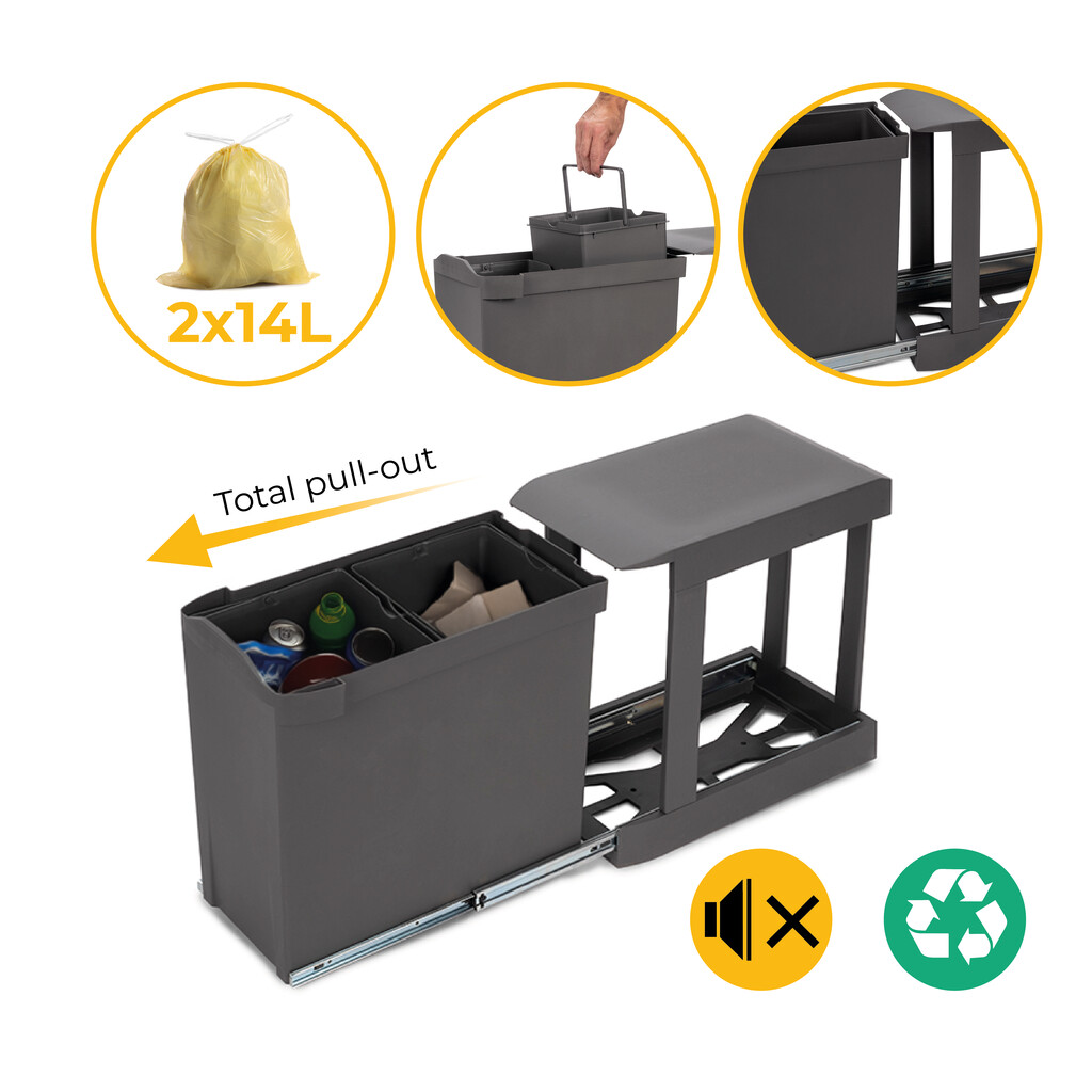 Recycling bins for kitchen, 2 x 14L, lower fixing and automatic removal, Steel and Plastic, Anthracite grey-14