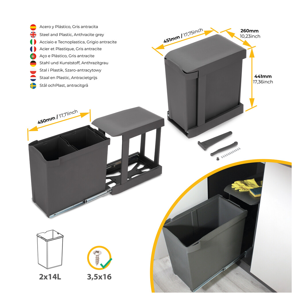 Recycling bins for kitchen, 2 x 14L, lower fixing and automatic removal, Steel and Plastic, Anthracite grey-4
