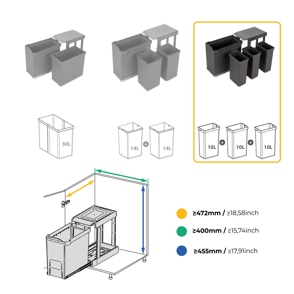 Pattumiere per raccolta differenziata per cucina, 3 x 10L, fissaggio inferiore, estrazione automatica, Acciaio e Tecnoplastica, Grigio antracite-12