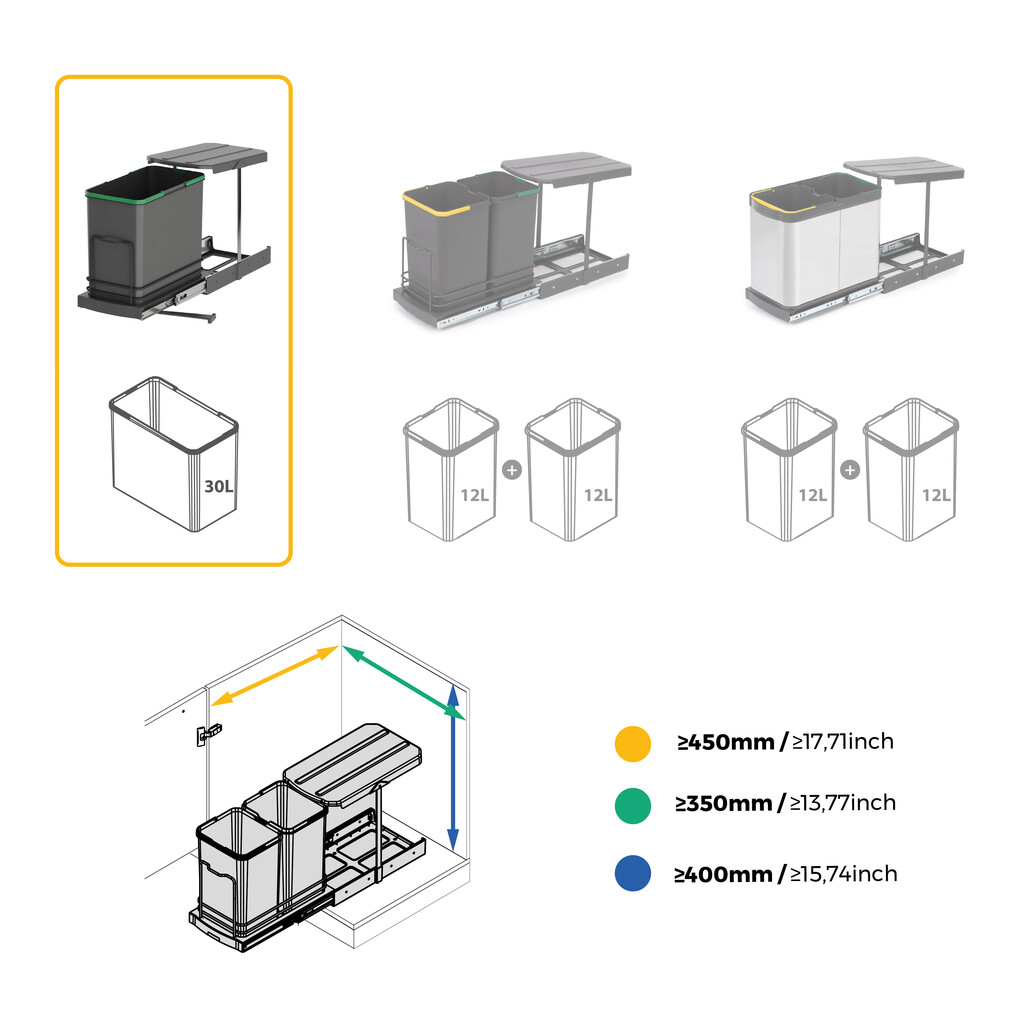 Recycle recycling bins for kitchen, 24 L, lower fixing and manual/automatic removal, Anthracite grey plastic-11