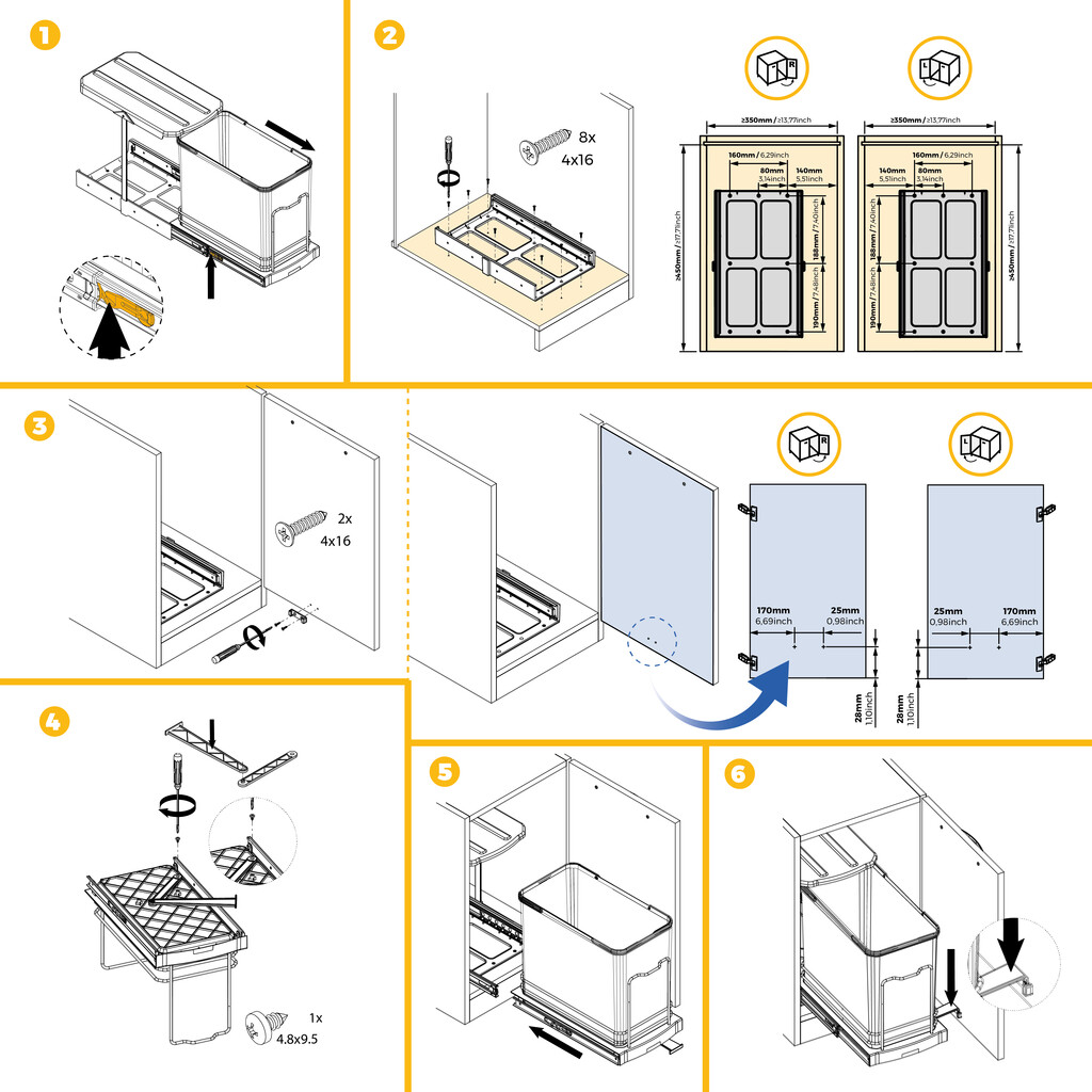 Recycle recycling bins for kitchen, 24 L, lower fixing and manual/automatic removal, Anthracite grey plastic-9