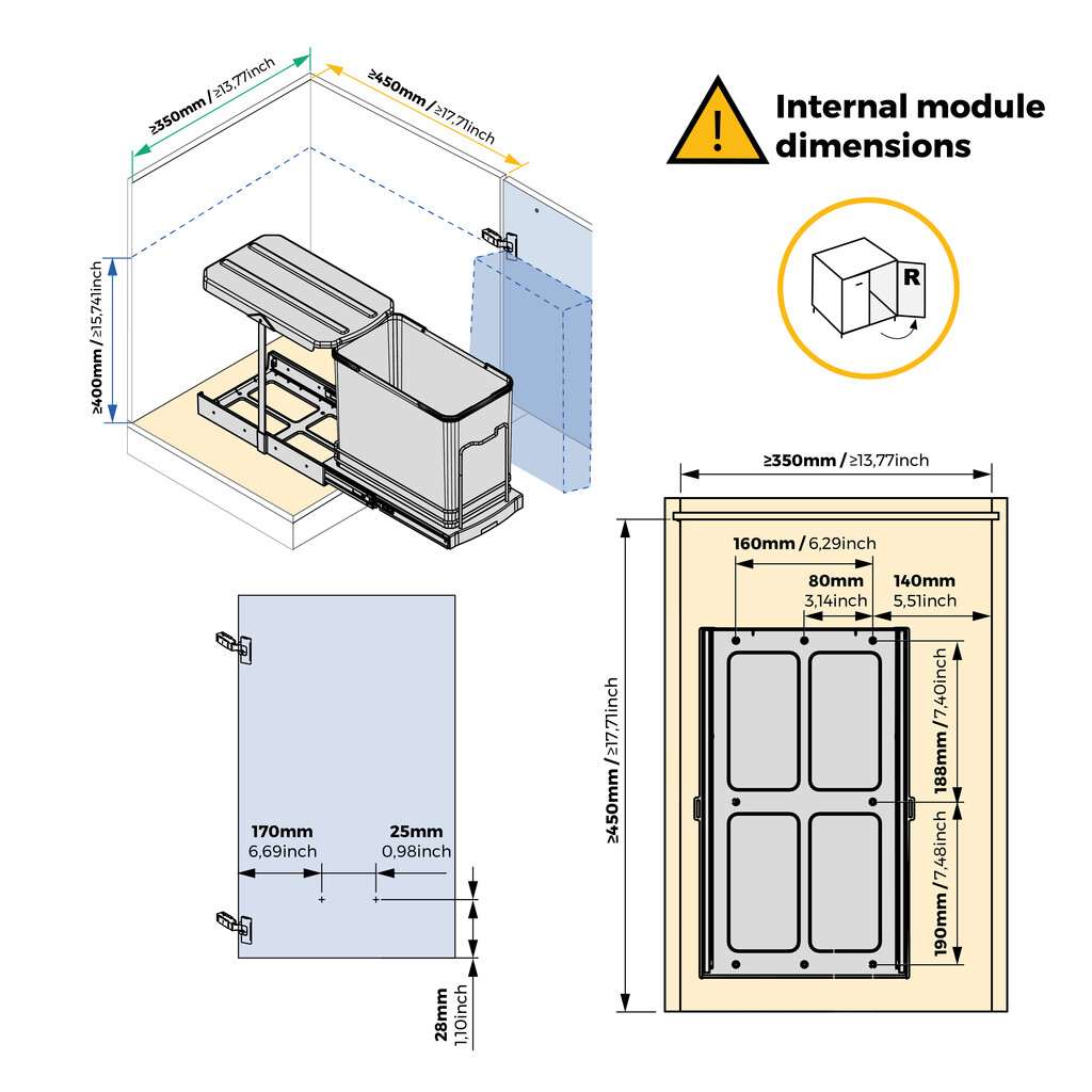 Recycle recycling bins for kitchen, 24 L, lower fixing and manual/automatic removal, Anthracite grey plastic-4