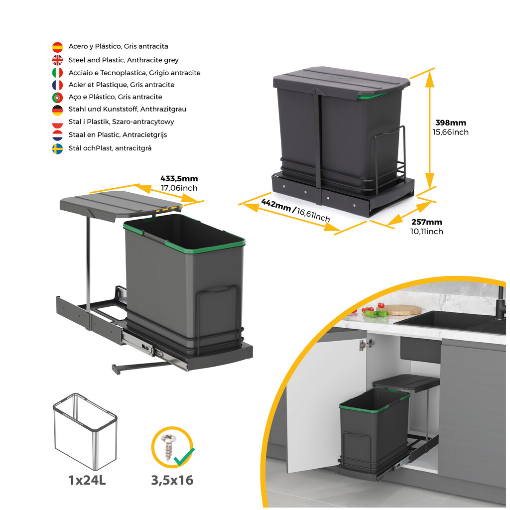Recycle recycling bins for kitchen, 24 L, lower fixing and manual/automatic removal, Anthracite grey plastic-8