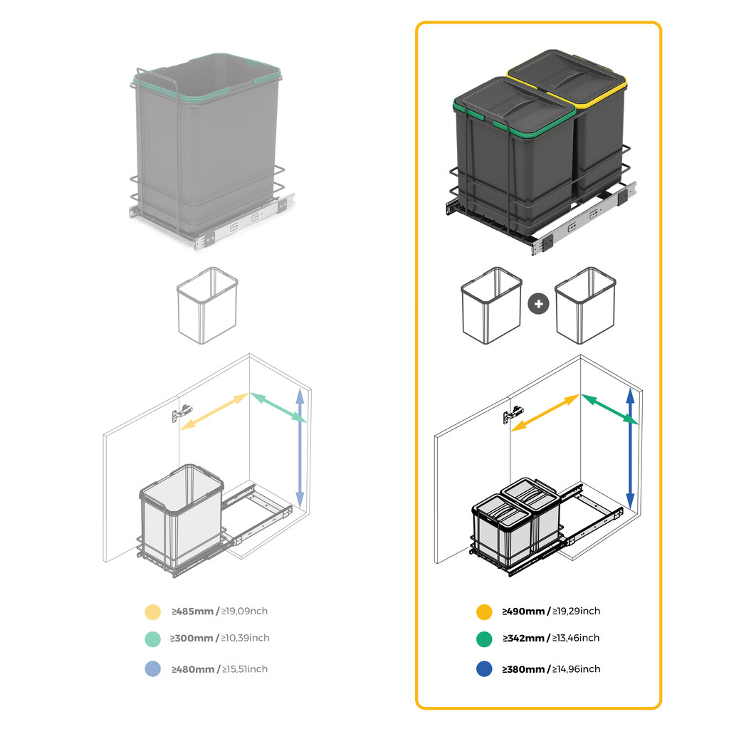 Contenedor de reciclaje para fijación inferior y extracción manual en mueble de cocina Recycle 2x16litros, Plástico gris antracita-8