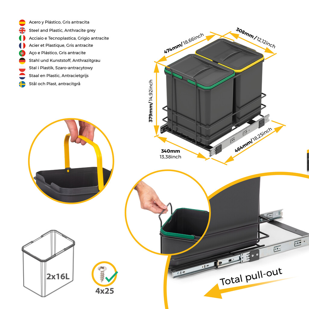 Contenedor de reciclaje para fijación inferior y extracción manual en mueble de cocina Recycle 2x16litros, Plástico gris antracita-6
