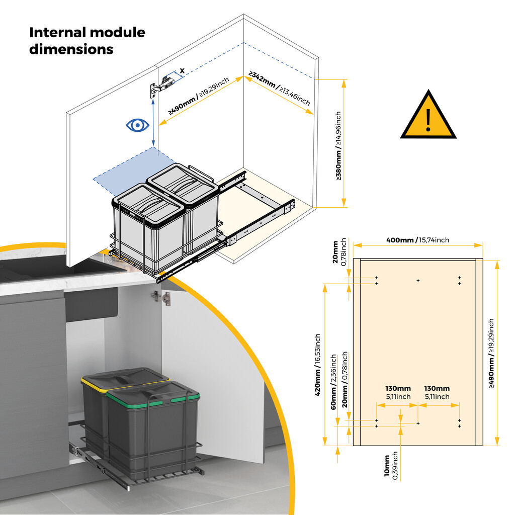 Contenedor de reciclaje para fijación inferior y extracción manual en mueble de cocina Recycle 2x16litros, Plástico gris antracita-3