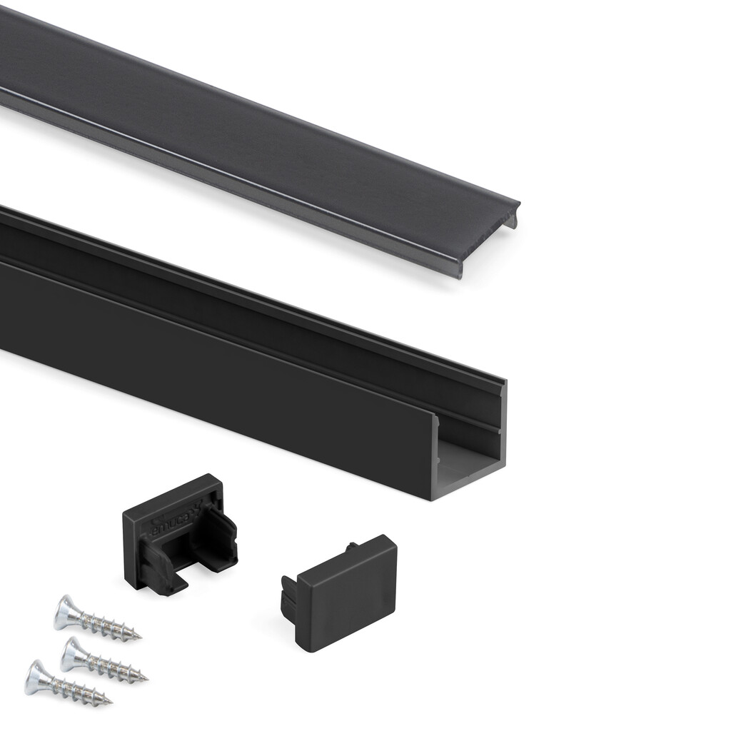 Jogo de perfis e tampas de superfície Lynx W, para a realização de Iluminações com fitas de LED, comprimento 2,35m, Alumínio e Plástico, Anodizado negro-Primary