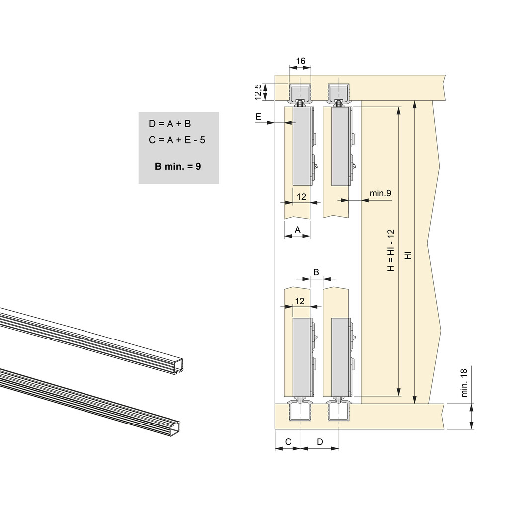 Sistema Flow 60 para um móvel de 3 portas de correr de madeira apoiadas com fecho suave, 3 portas, Aço e Plástico-2