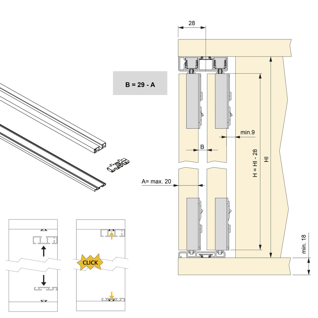 Sistema Flow 60 para um móvel de 3 portas de correr de madeira apoiadas com fecho suave, 3 portas, Aço e Plástico-3