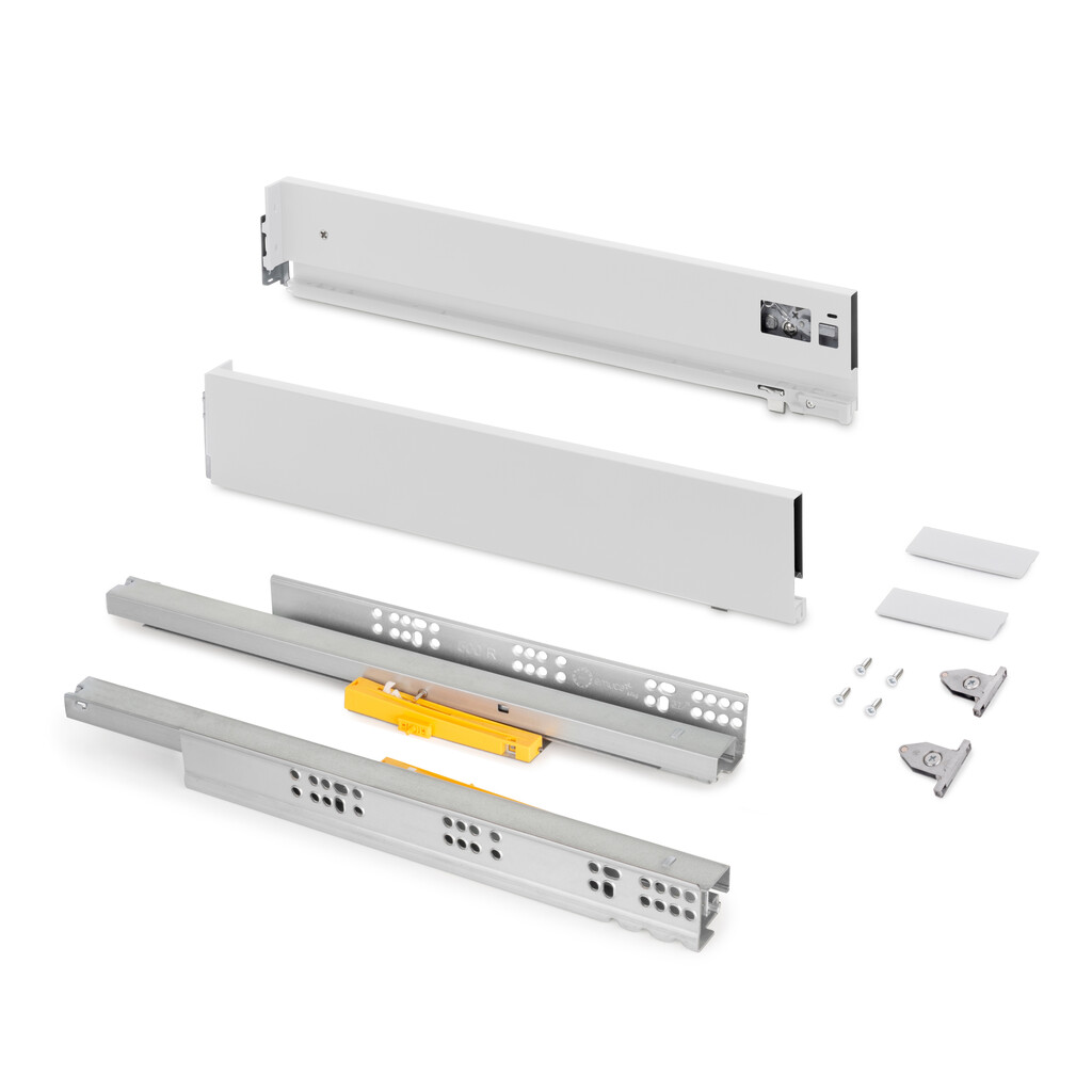 Aussenschublade Vertex mit Push Synchro und 3D-Regelung, 93mm hoch, 40Kg, Tiefe 500mm, Stahl, Weiß lackiert-Primary