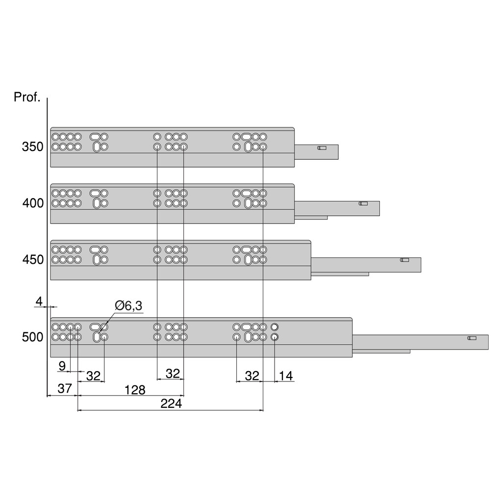 Vertex 40kg drawer runners with soft closing and 3D adjustment LEFT, depth 500mm, Steel, Zinc plated-1