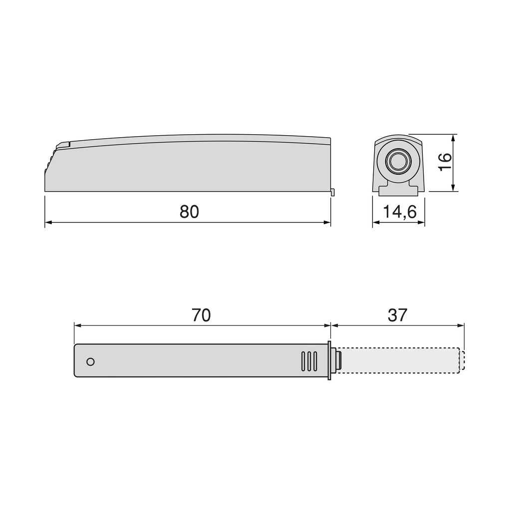 Push-Türschließer Lite zum Schrauben und Montagepositionierer, verstellbar, Länge 80mm, Stoßdämpfer, Kunststoff, Anthrazitgrau-1