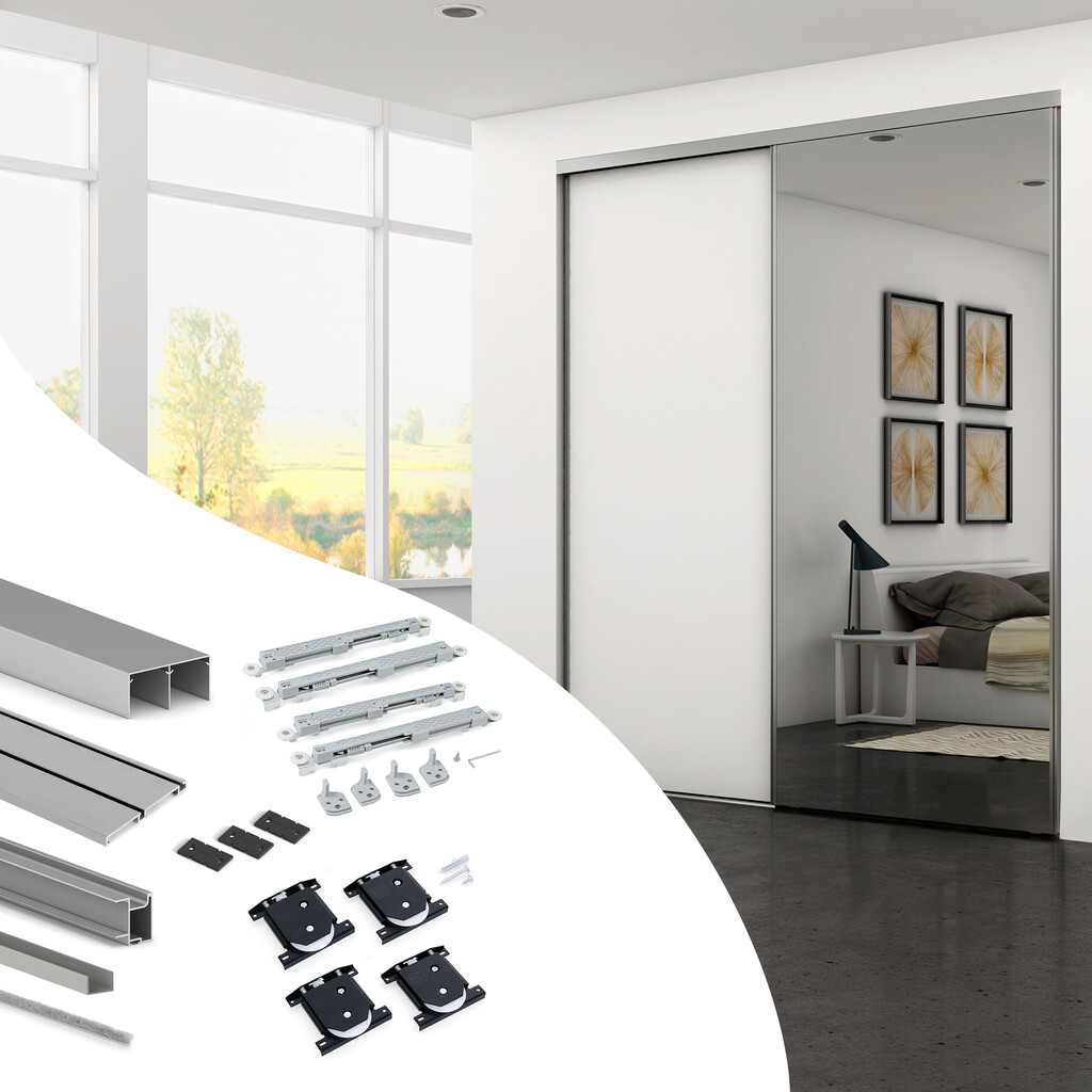 Kit of Fittings kit for 2 sliding door wardrobe and soft closing Placard 74, Handle model Sharp, thickness 19mm, boards not included, Matt anodized-Primary