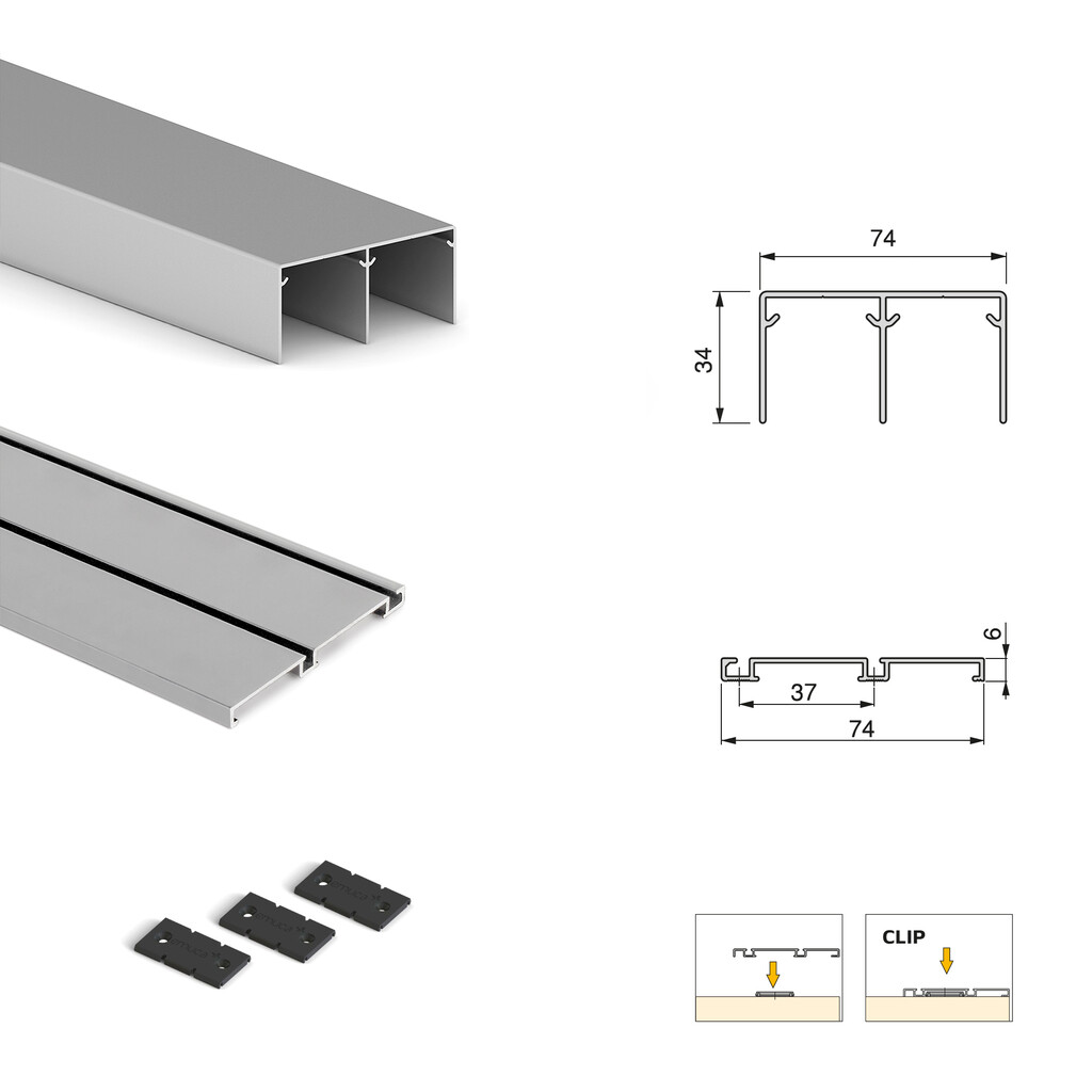 Kit of Fittings kit for 2 sliding door wardrobe and soft closing Placard 74, Handle model Sharp, thickness 19mm, boards not included, Matt anodized-1