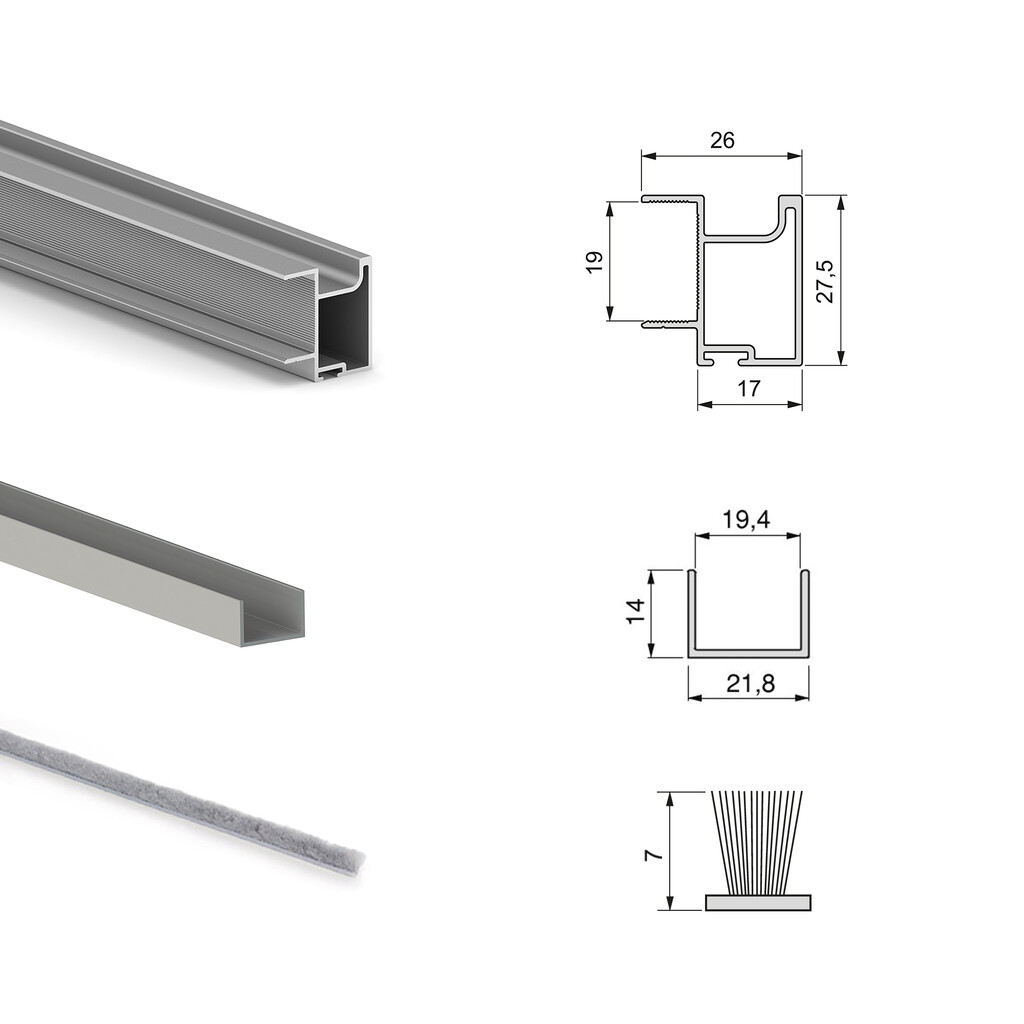Kit of Fittings kit for 2 sliding door wardrobe and soft closing Placard 74, Handle model Sharp, thickness 19mm, boards not included, Matt anodized-2