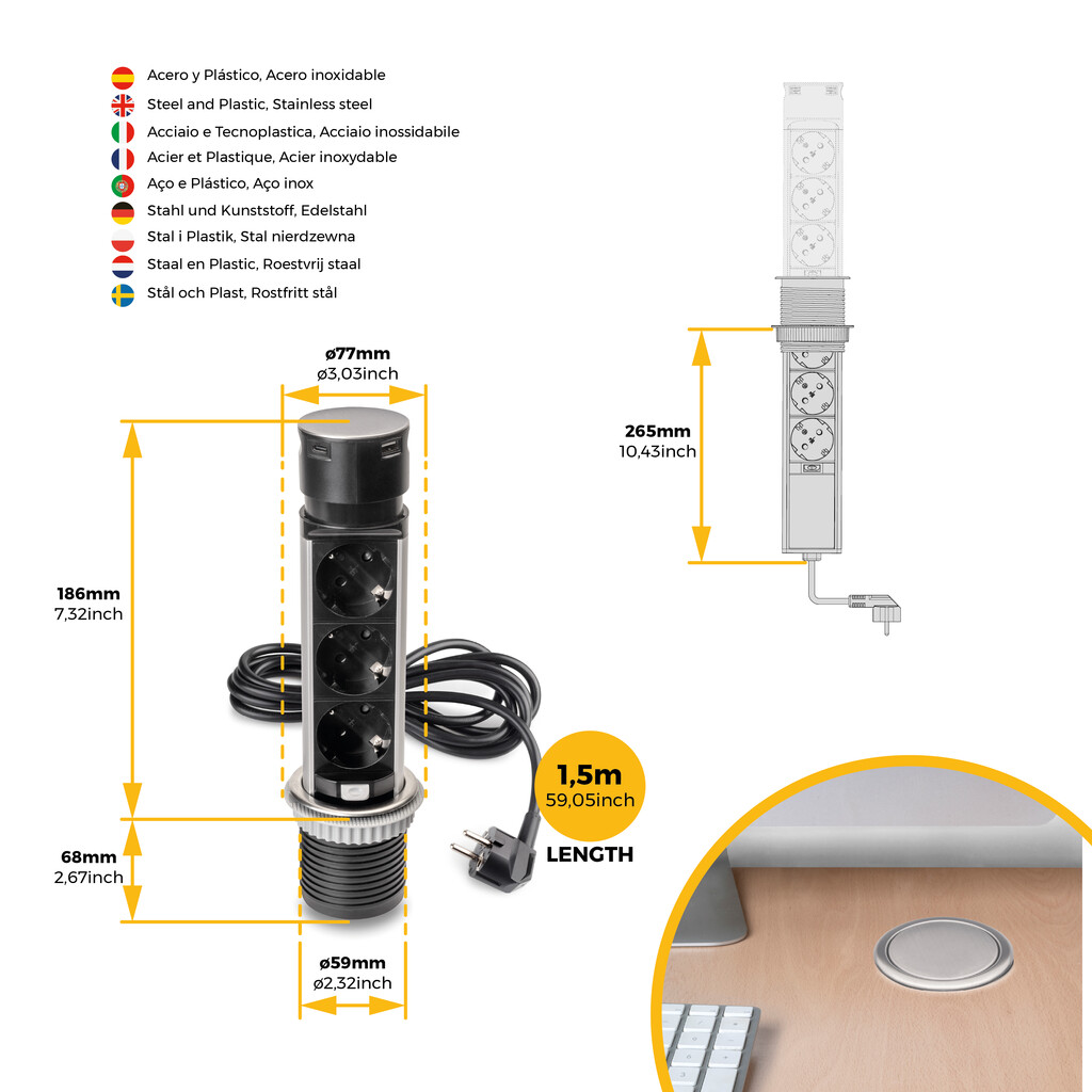 Multiconnettore estraibile Vertikal Push 60, diametro 60 mm, 3 prese Schuko, 1 USB tipo A, 1 USB tipo C, Acciaio e Tecnoplastica, Acciaio inossidabile-8