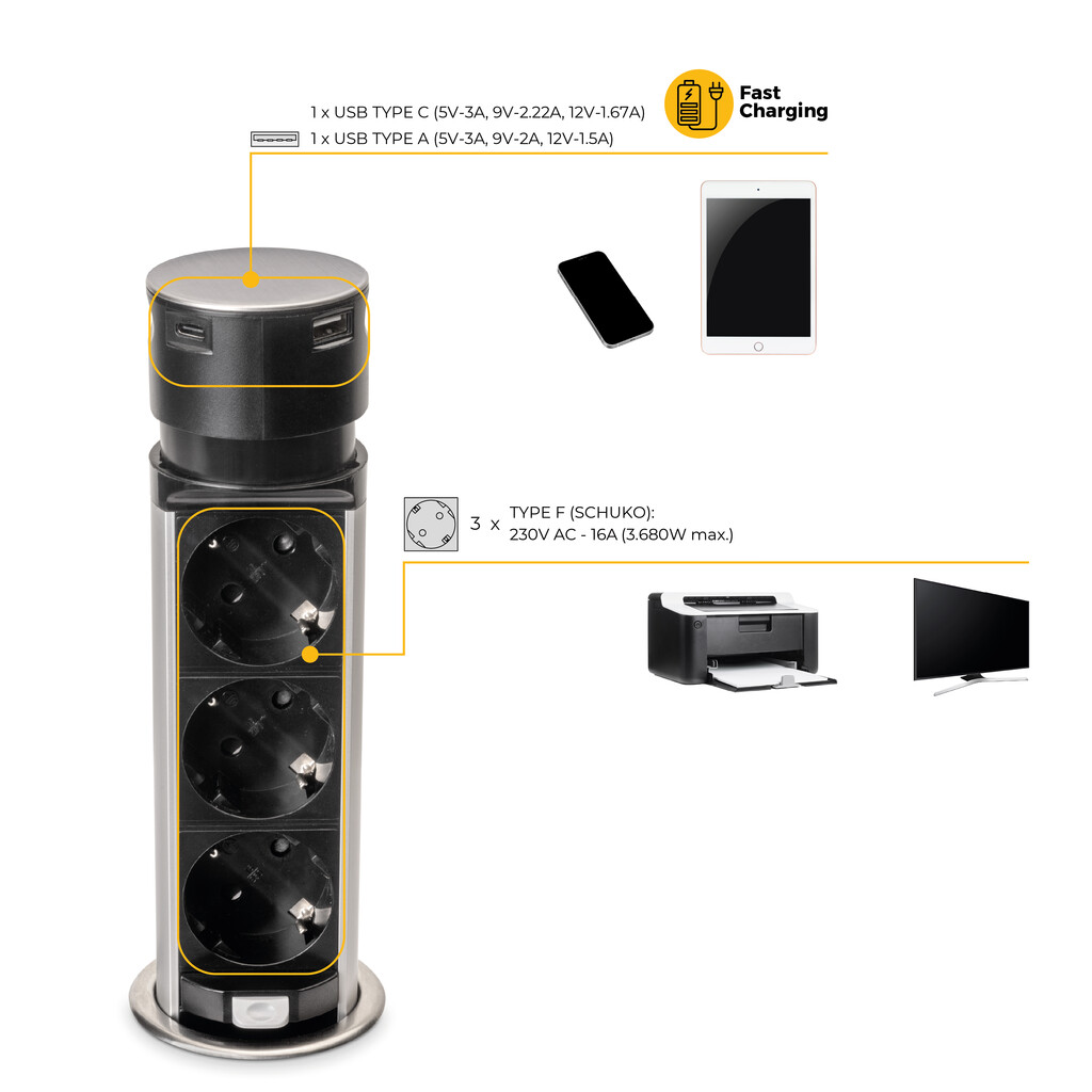Multiconnettore estraibile Vertikal Push 60, diametro 60 mm, 3 prese Schuko, 1 USB tipo A, 1 USB tipo C, Acciaio e Tecnoplastica, Acciaio inossidabile-9