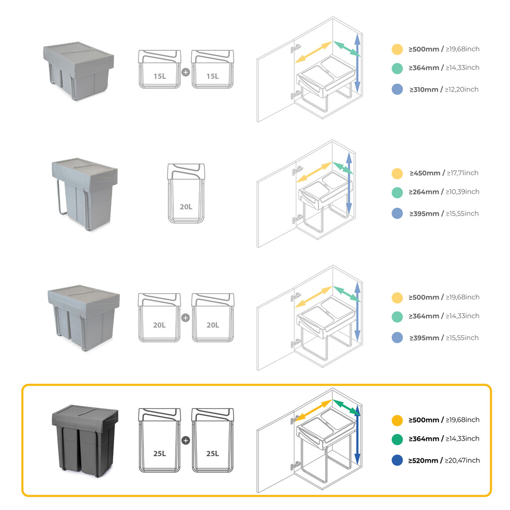 Recycling bin for lower mounting and manual pull-out in kitchen unit Recycle 2x25litres, Anthracite grey Plastic-17