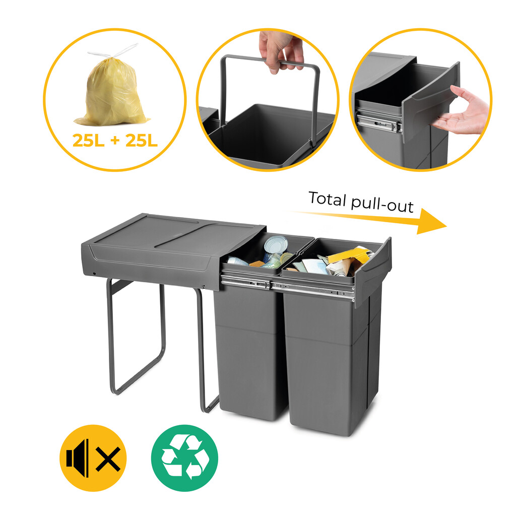 Recycling bin for lower mounting and manual pull-out in kitchen unit Recycle 2x25litres, Anthracite grey Plastic-18