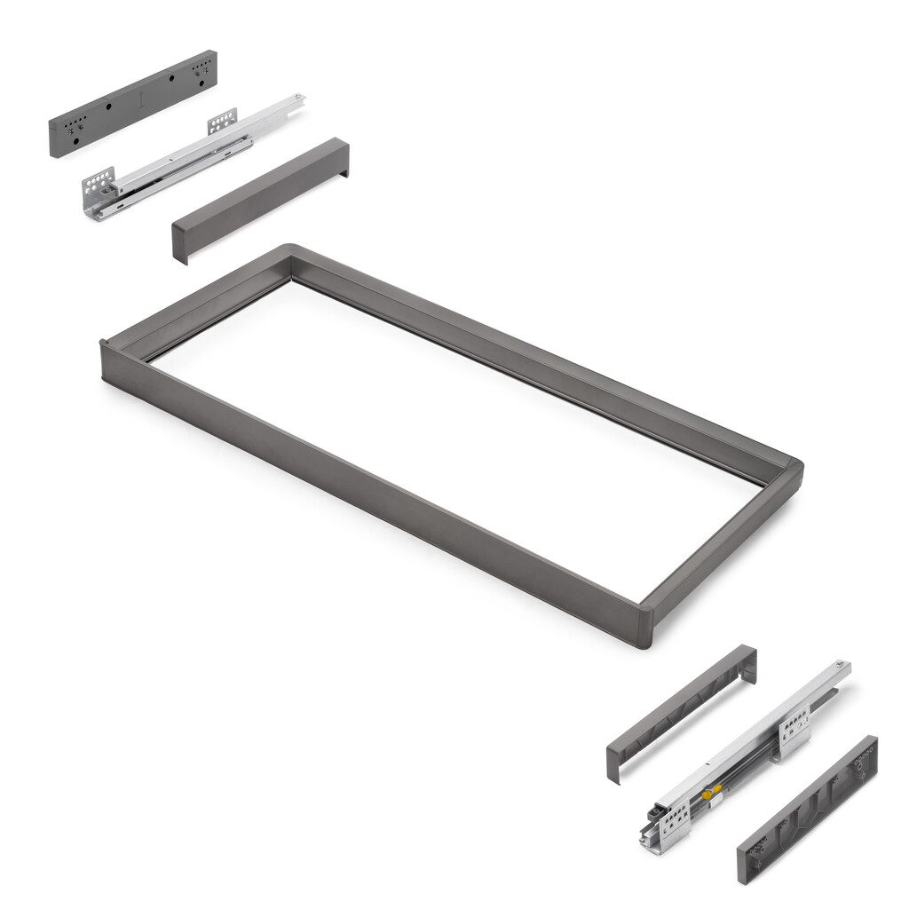 Frame with soft-close and full-extension slides for cabinet accessories Quartz, 887-913mm, Aluminium and plastic, Titanium-Primary
