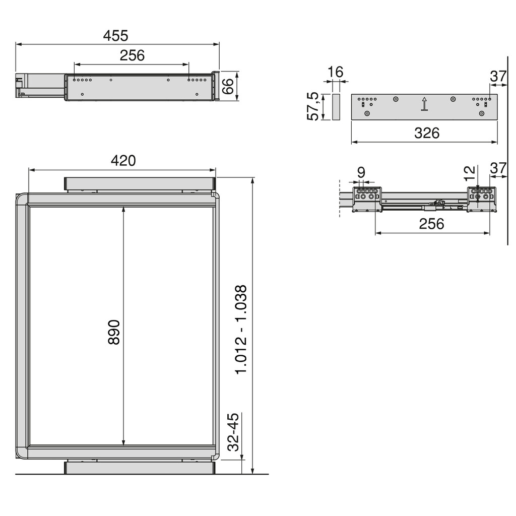 Frame with soft-close and full-extension slides for cabinet accessories Quartz, 1012-1038mm, Aluminium and plastic, Titanium-1