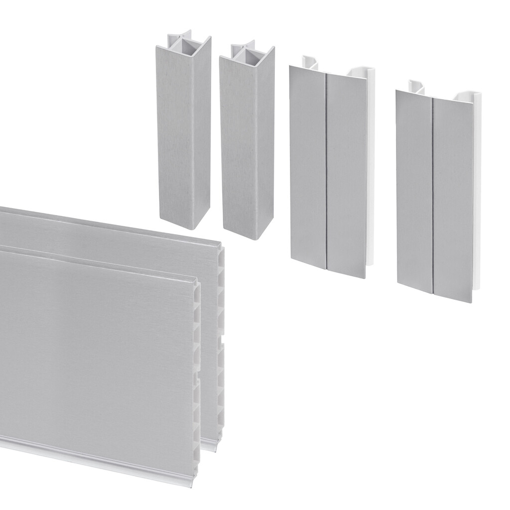 Lote de 2 zócalos para cocina Plasline con accesorios de unión, altura 100mm, 2 barras de lognitud 2.35m, Plástico, Anodizado satinado-Primary