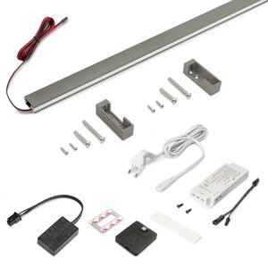 Kit barre pour armoire Luxe, ruban LED 4,5x8 Neonlynx V, d&eacute;tecteur de mouvement RF Smart et convertisseur Smart (24V DC), longueur 900mm, Lumi&egrave;re blanche chaude 2.700K, Aluminium et Plastique, Titane photo du produit