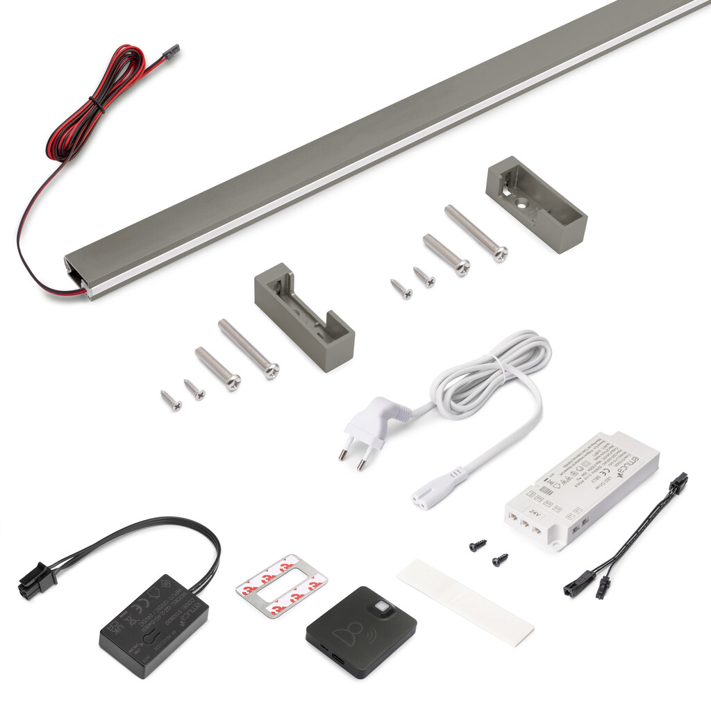 Kit barre pour armoire Luxe, ruban LED 4,5x8 Neonlynx V, détecteur de mouvement RF Smart et convertisseur Smart (24V DC), longueur 900mm, Lumière blanche chaude 2.700K, Aluminium et Plastique, Titane-Primary