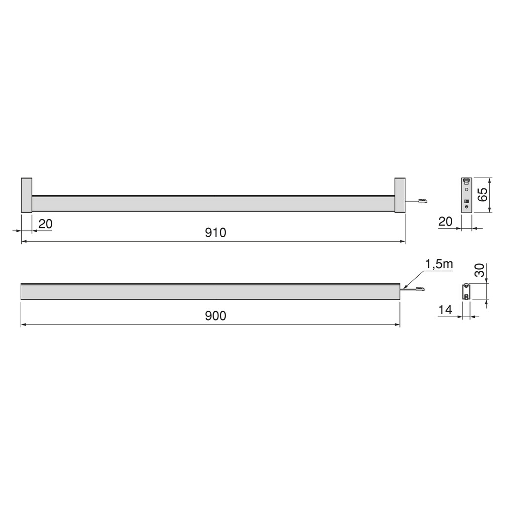 Kit barre pour armoire Luxe, ruban LED 4,5x8 Neonlynx V, détecteur de mouvement RF Smart et convertisseur Smart (24V DC), longueur 900mm, Lumière blanche chaude 2.700K, Aluminium et Plastique, Titane-1