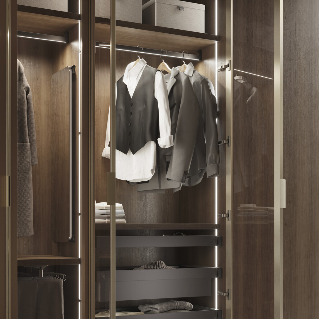 Kit barre pour armoire Luxe, ruban LED 4,5x8 Neonlynx V, détecteur de mouvement RF Smart et convertisseur Smart (24V DC), longueur 900mm, Lumière blanche chaude 2.700K, Aluminium et Plastique, Titane-4