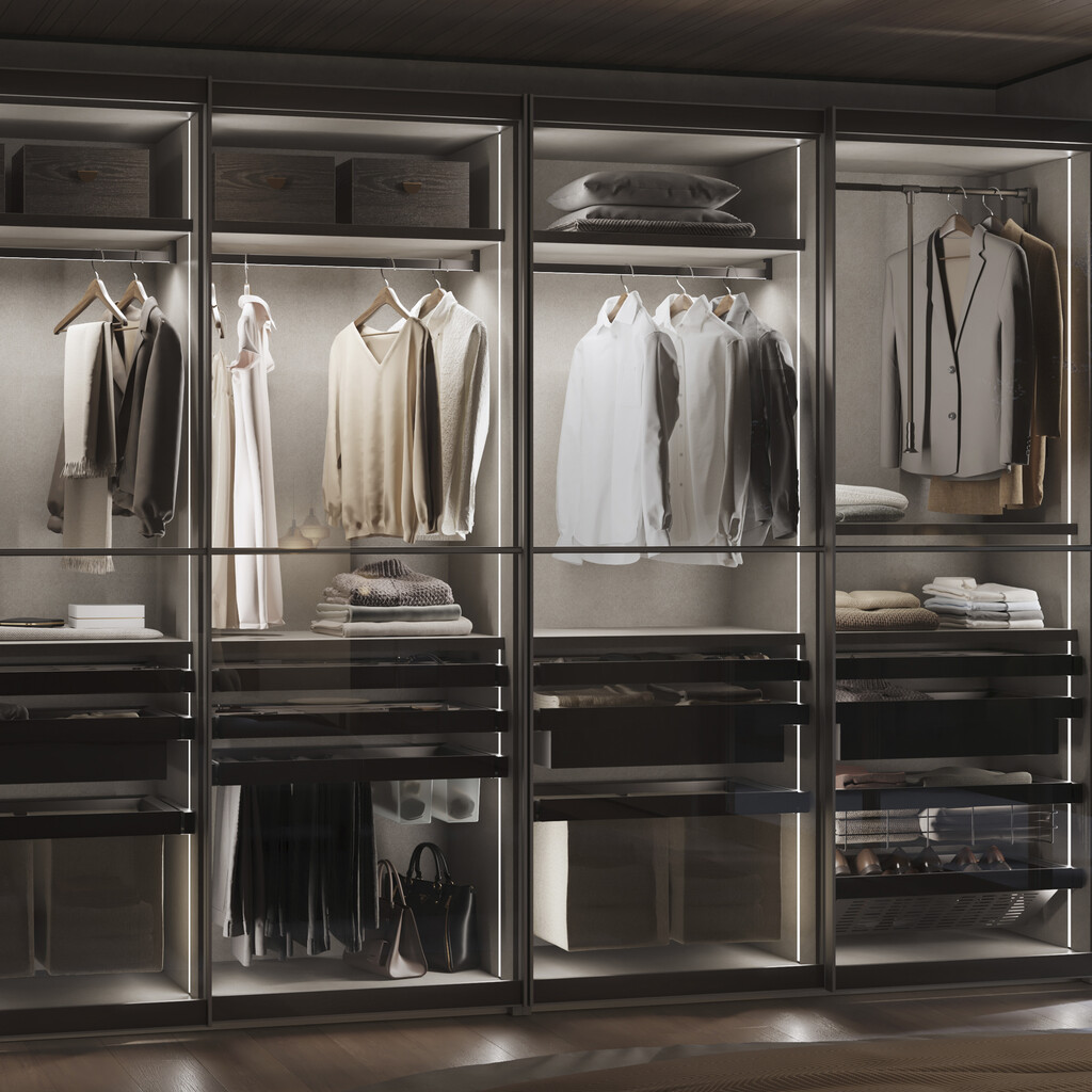 Kit barre pour armoire Luxe, ruban LED 4,5x8 Neonlynx V, détecteur de mouvement RF Smart et convertisseur Smart (24V DC), longueur 900mm, Lumière blanche chaude 2.700K, Aluminium et Plastique, Titane-7