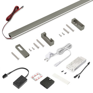 Kit barre pour armoire Luxe, ruban LED 4,5x8 Neonlynx V, d&eacute;tecteur de mouvement RF Smart et convertisseur Smart (24V DC), longueur 1.150mm, Lumi&egrave;re blanche chaude 2.700K, Aluminium et Plastique, Titane photo du produit