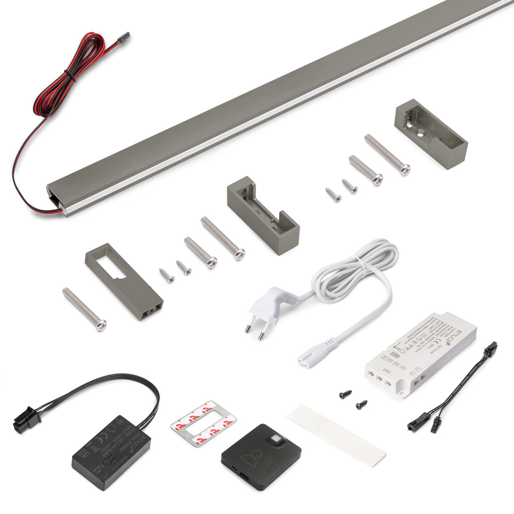 Kit barra per armadio Luxe, striscia LED 4,5x8 Neonlynx V, sensore di movimento RF Smart e convertitore Smart (24V DC), lunghezza 1.150mm, Luce Bianco calda 2.700K, Tecnoplastica e Alluminio, Titanio-Primary