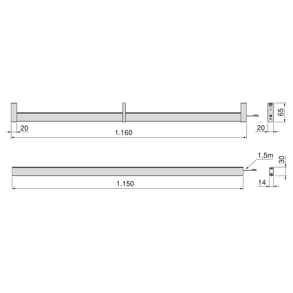 Kit barra per armadio Luxe, striscia LED 4,5x8 Neonlynx V, sensore di movimento RF Smart e convertitore Smart (24V DC), lunghezza 1.150mm, Luce Bianco calda 2.700K, Tecnoplastica e Alluminio, Titanio-1