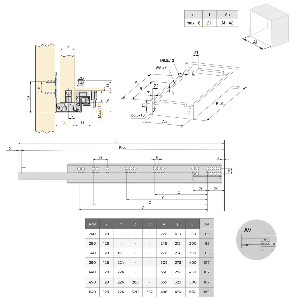 Pair of Concealed slides for drawers Integrity, partial extension, with soft closing, depth 240mm, Steel, Zinc plated-1