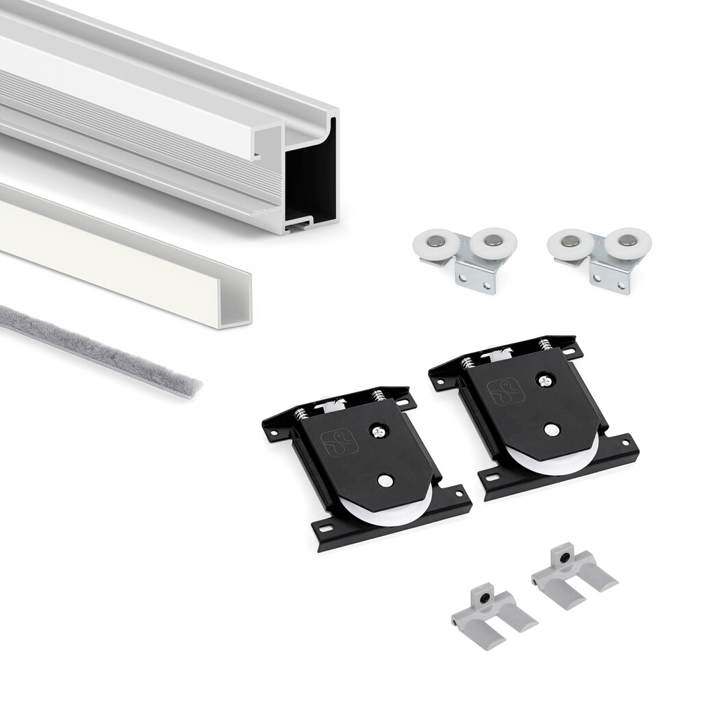 Sharp handle profile set with bottom rollers for a sliding door, for board  thickness 10mm, length 2.7m, Aluminium, White painted-Primary