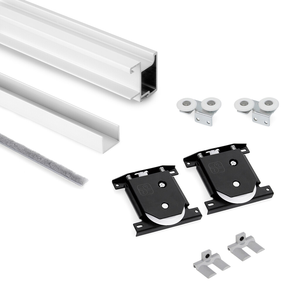 Griffgarnitur Sharp mit Bodenschienen für 1 Schiebetür, für Plattendicke 16mm, Länge 2,7m, Aluminium, Weiß metallic-Primary