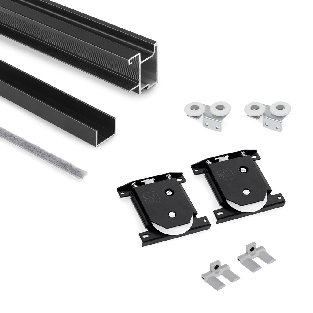 Komplet uchwytów Sharp z dolnymi wózkami dla jednych drzwi przesuwnych,  dla deski o grubości 16 mm , długość 2.7m, Aluminium, Malowane na czarno-Primary